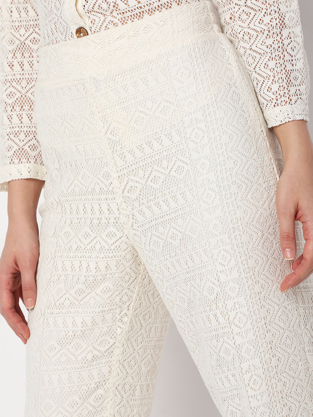 White High Rise Lace Straight Fit Co-Ord Set Pants
