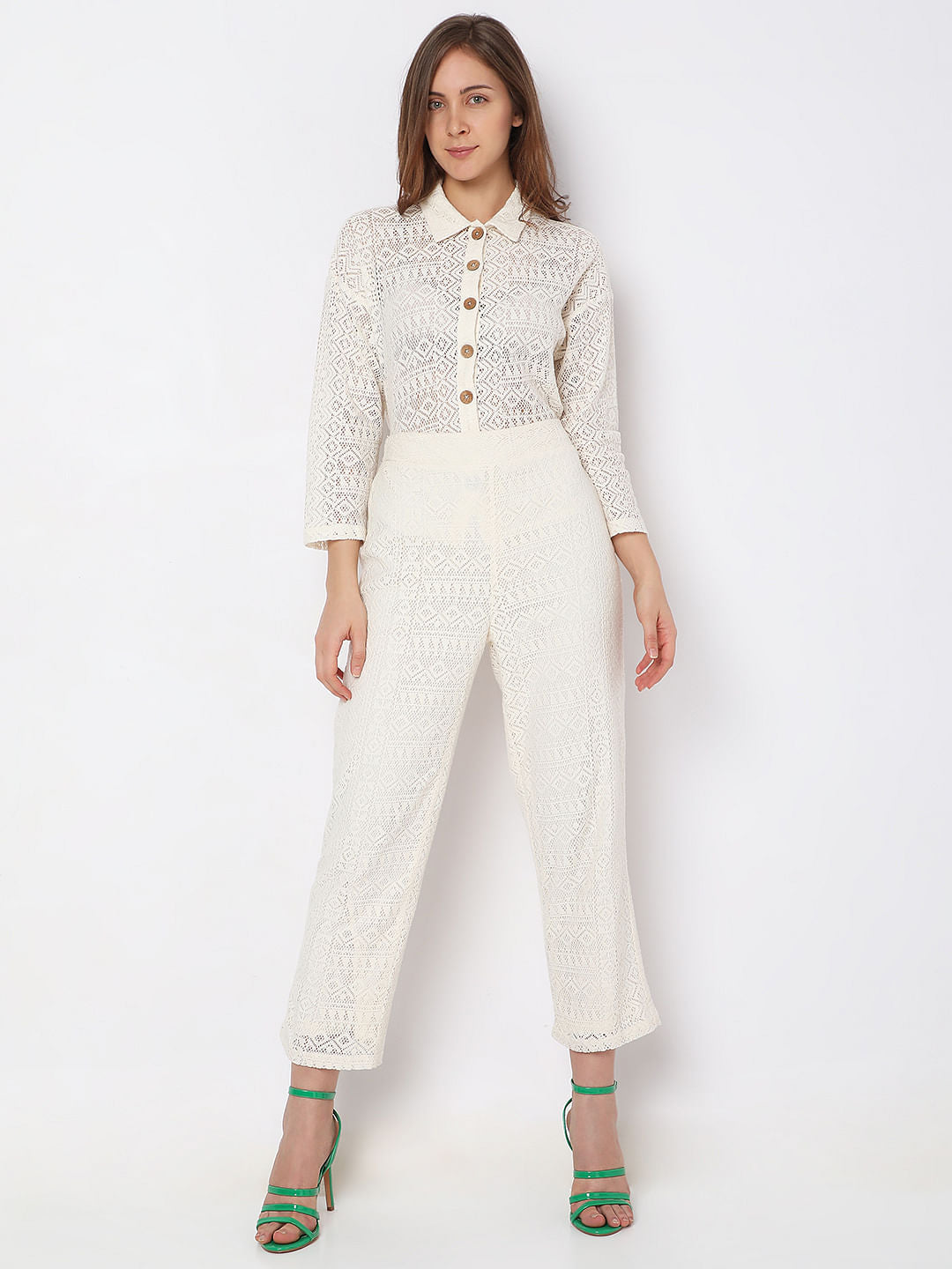 White High Rise Lace Straight Fit Co-Ord Set Pants