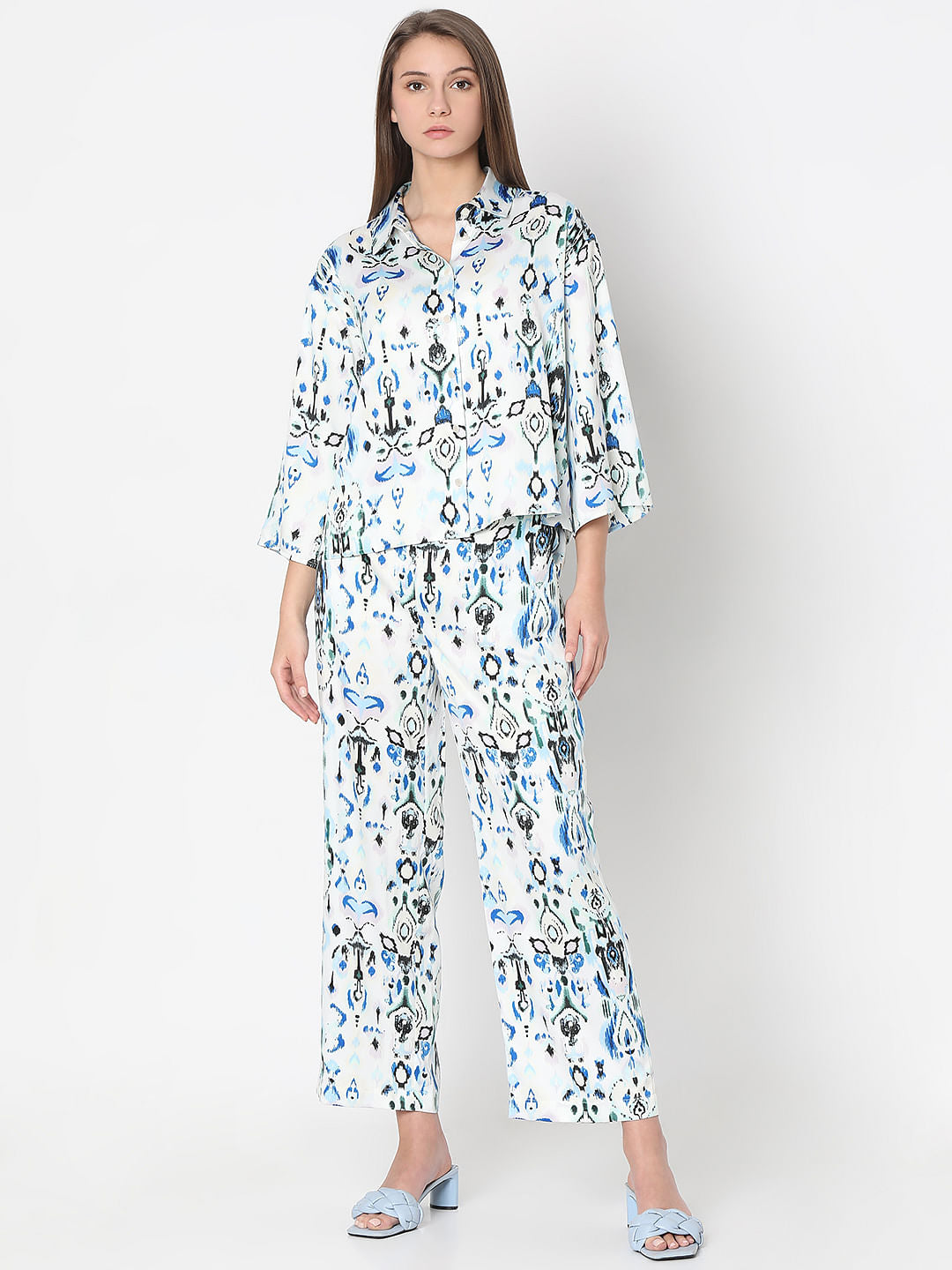 White Abstract Print Co-Ord Set Shirt
