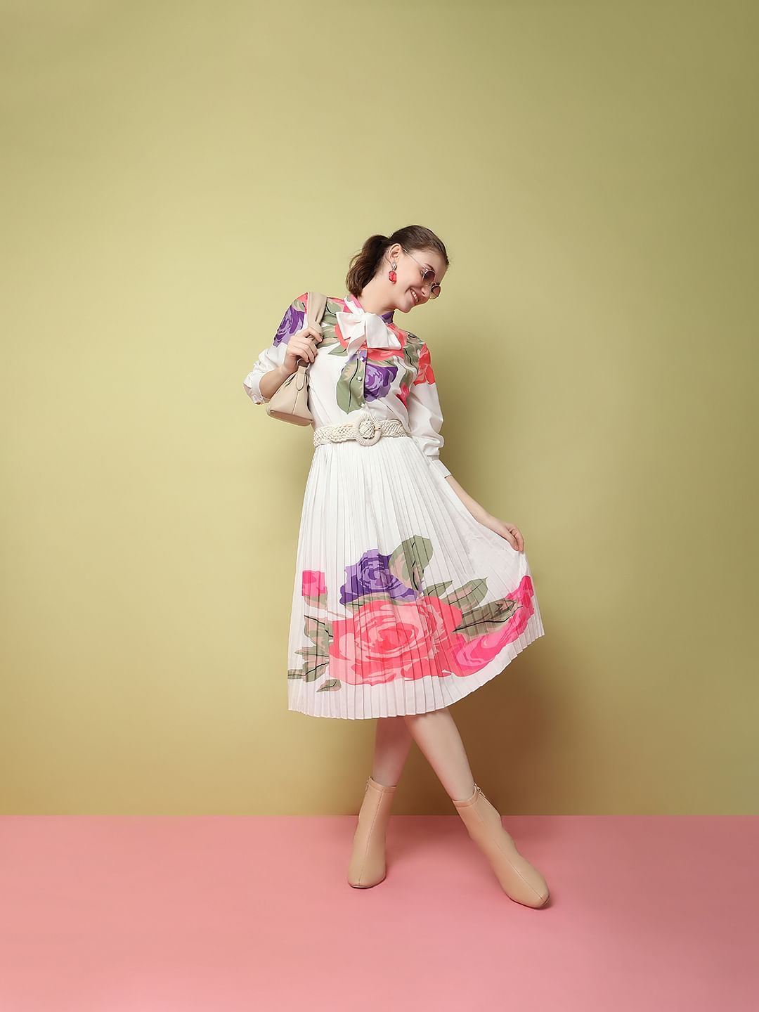 White Floral Pleated Midi Co-Ord Set Skirt