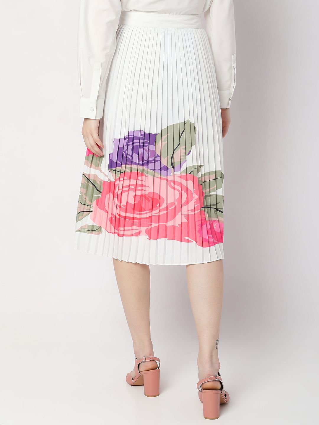 White Floral Pleated Midi Co-Ord Set Skirt