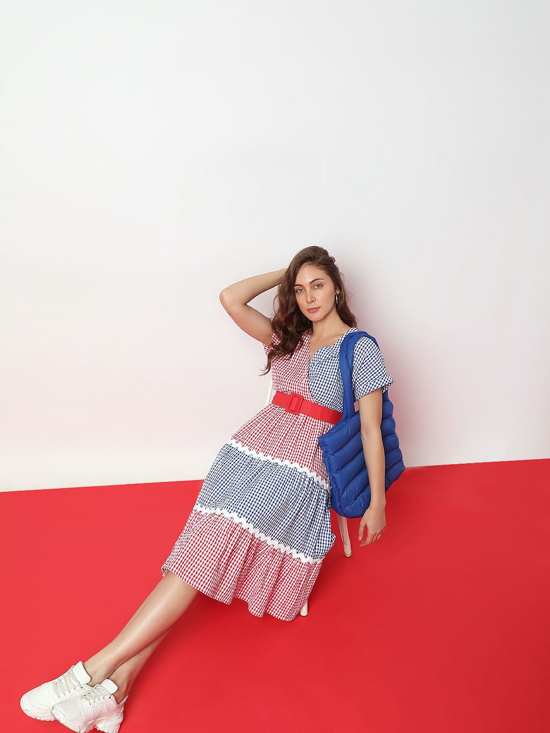 Red Check Print Midi Dress