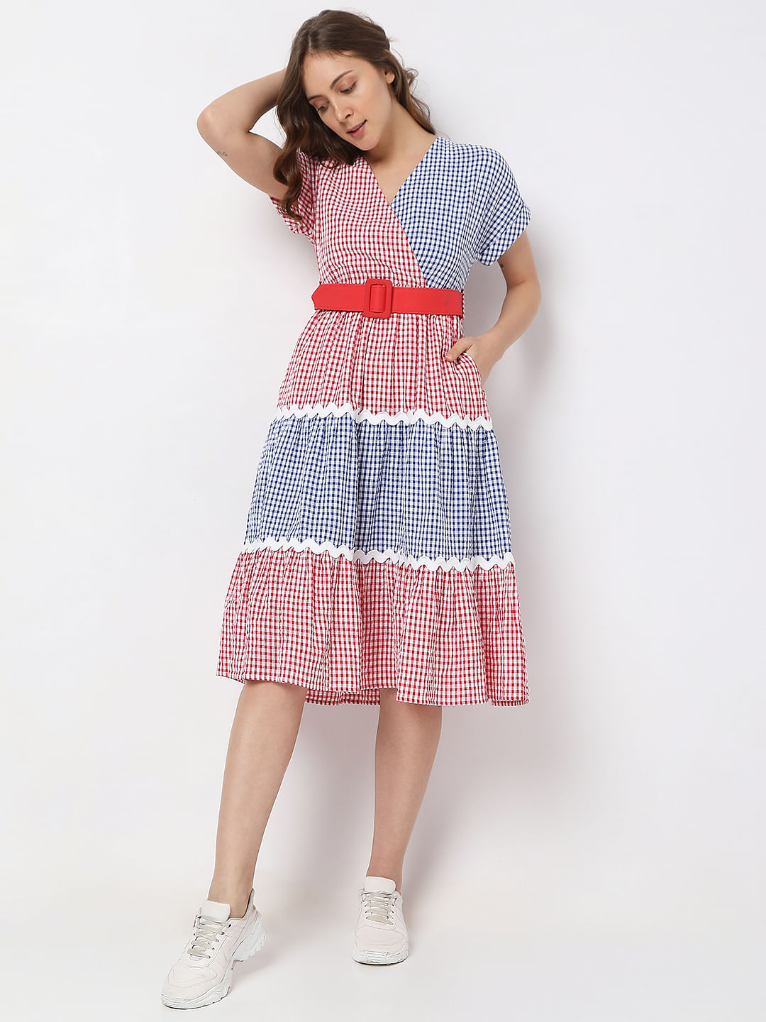 Red Check Print Midi Dress