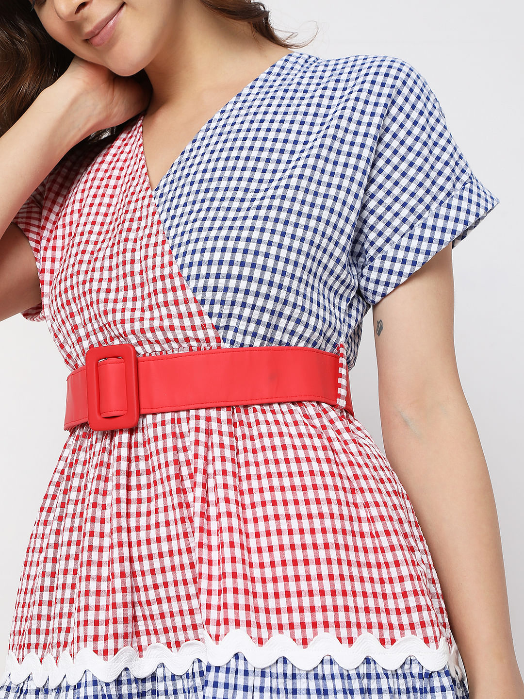 Red Check Print Midi Dress