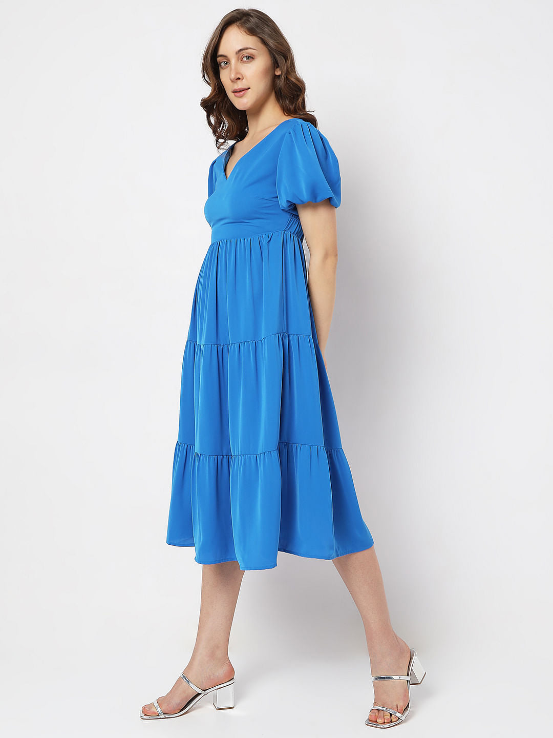 Blue Puff Sleeves Tiered Midi Dress