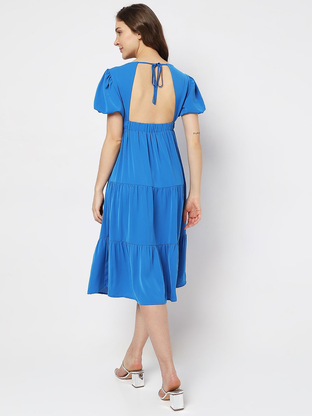 Blue Puff Sleeves Tiered Midi Dress