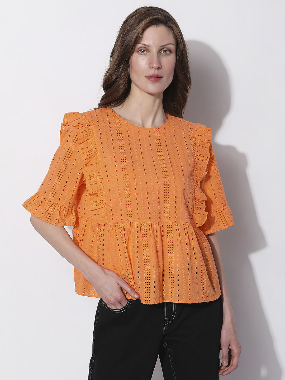 Orange Schiffli Ruffle Top