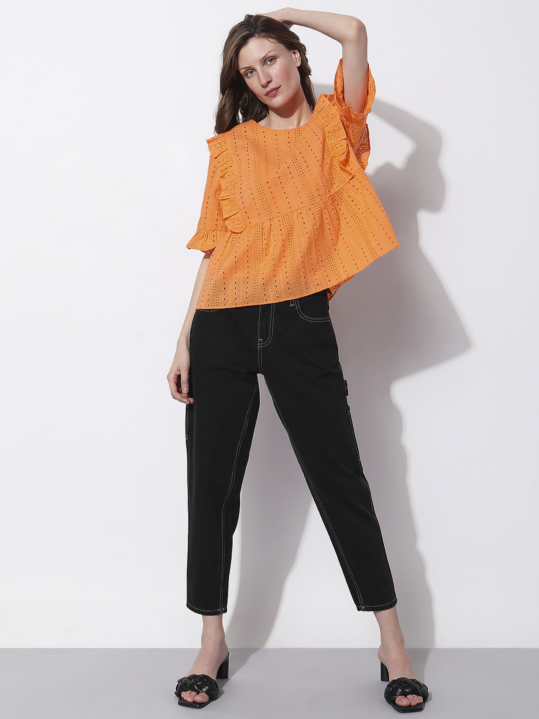 Orange Schiffli Ruffle Top