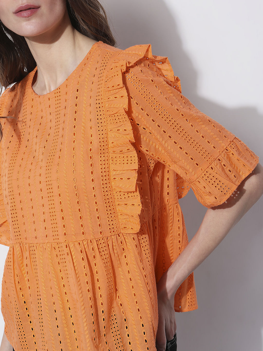 Orange Schiffli Ruffle Top