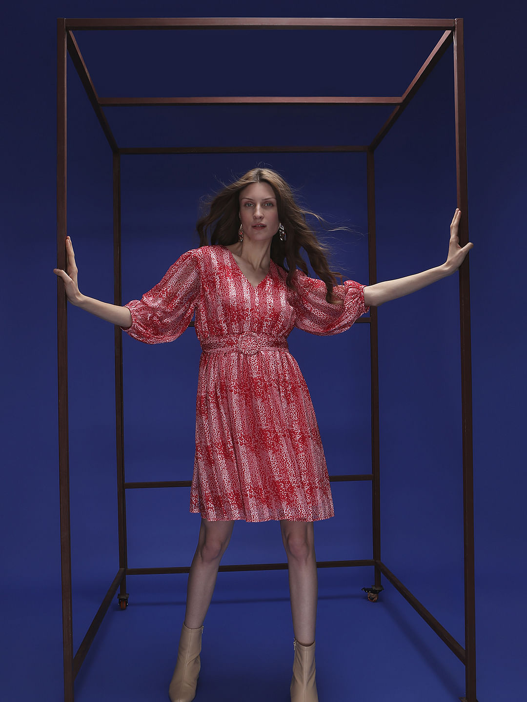 Red Printed Pleated Dress