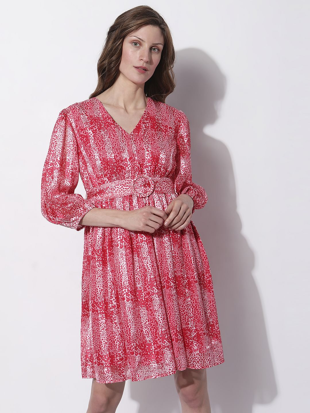 Red Printed Pleated Dress