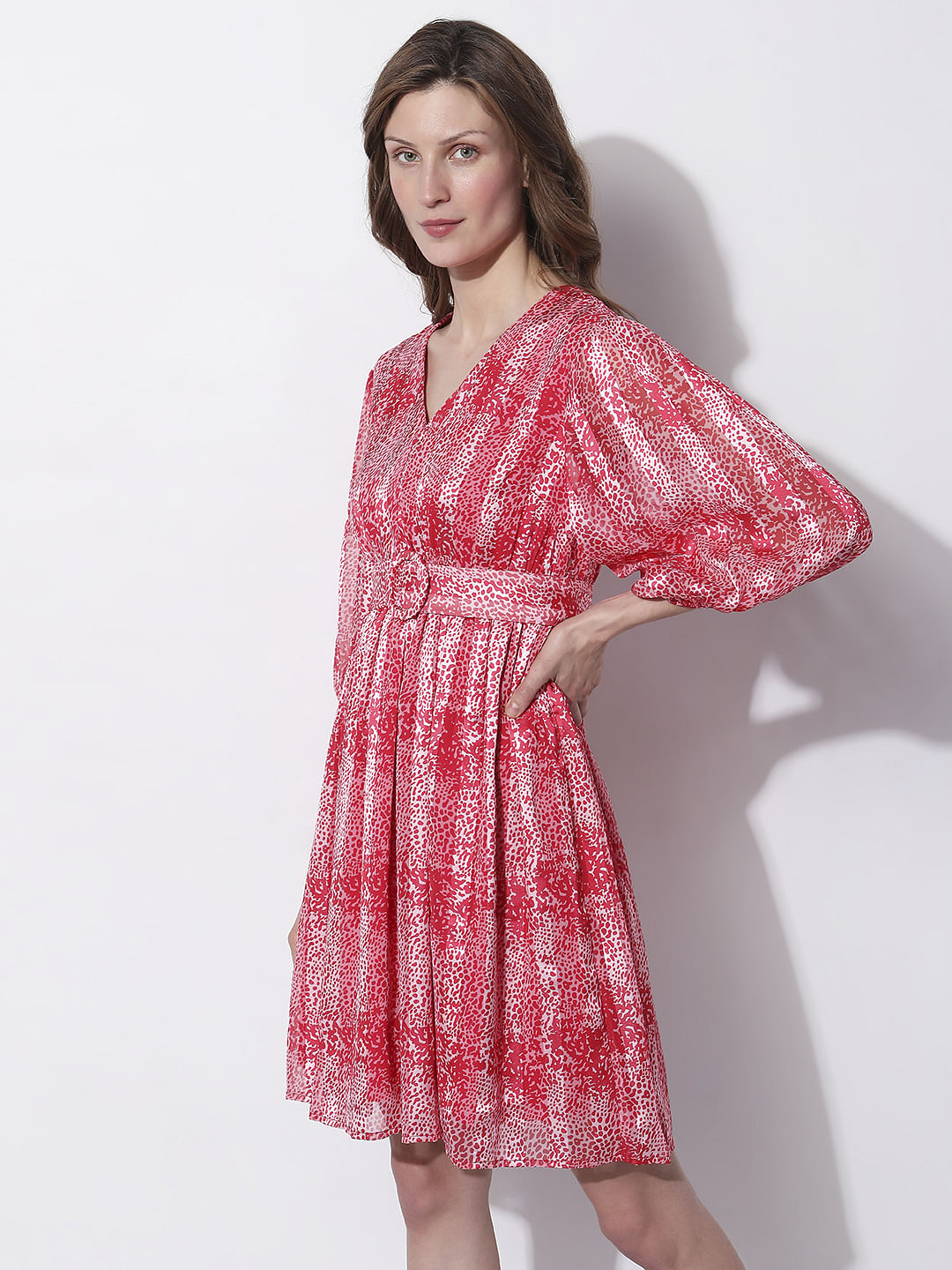 Red Printed Pleated Dress