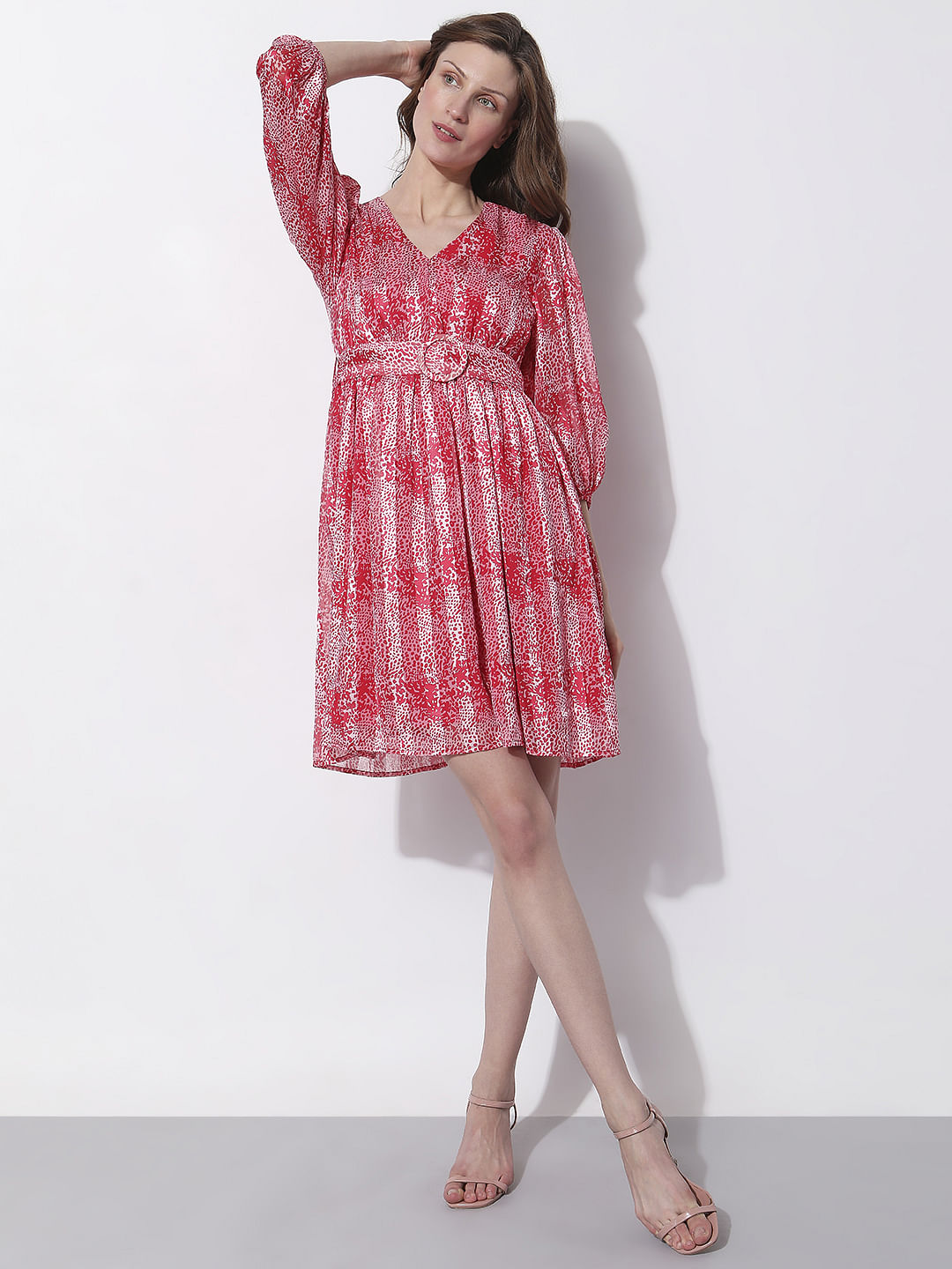 Red Printed Pleated Dress