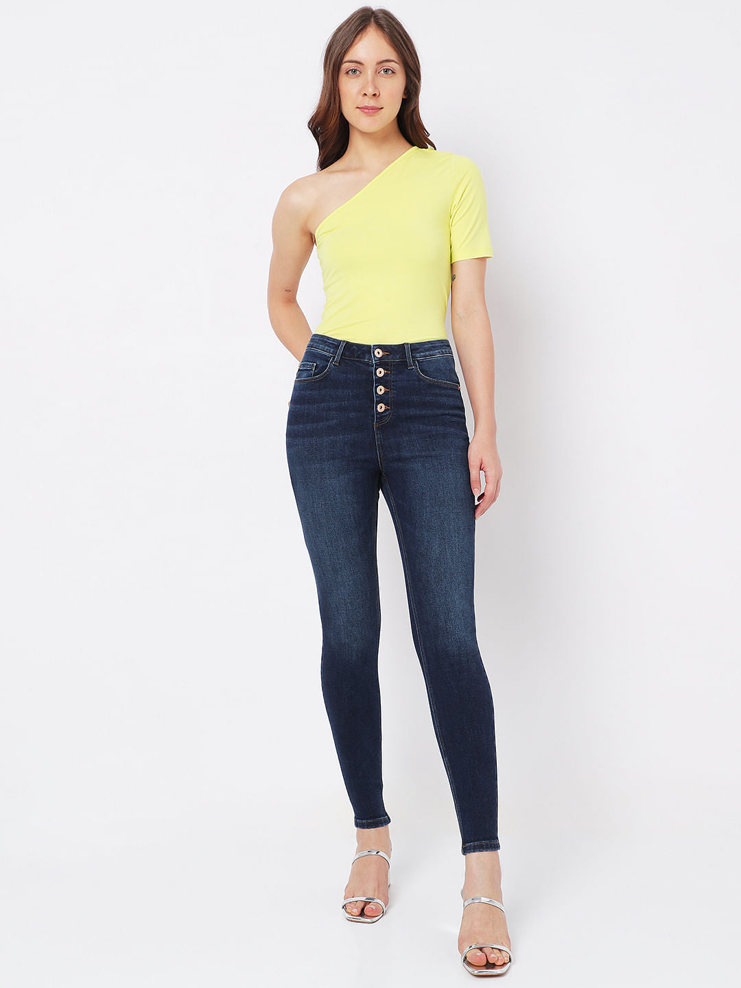 Dark Blue High Rise Buttoned Wendy Skinny Jeans