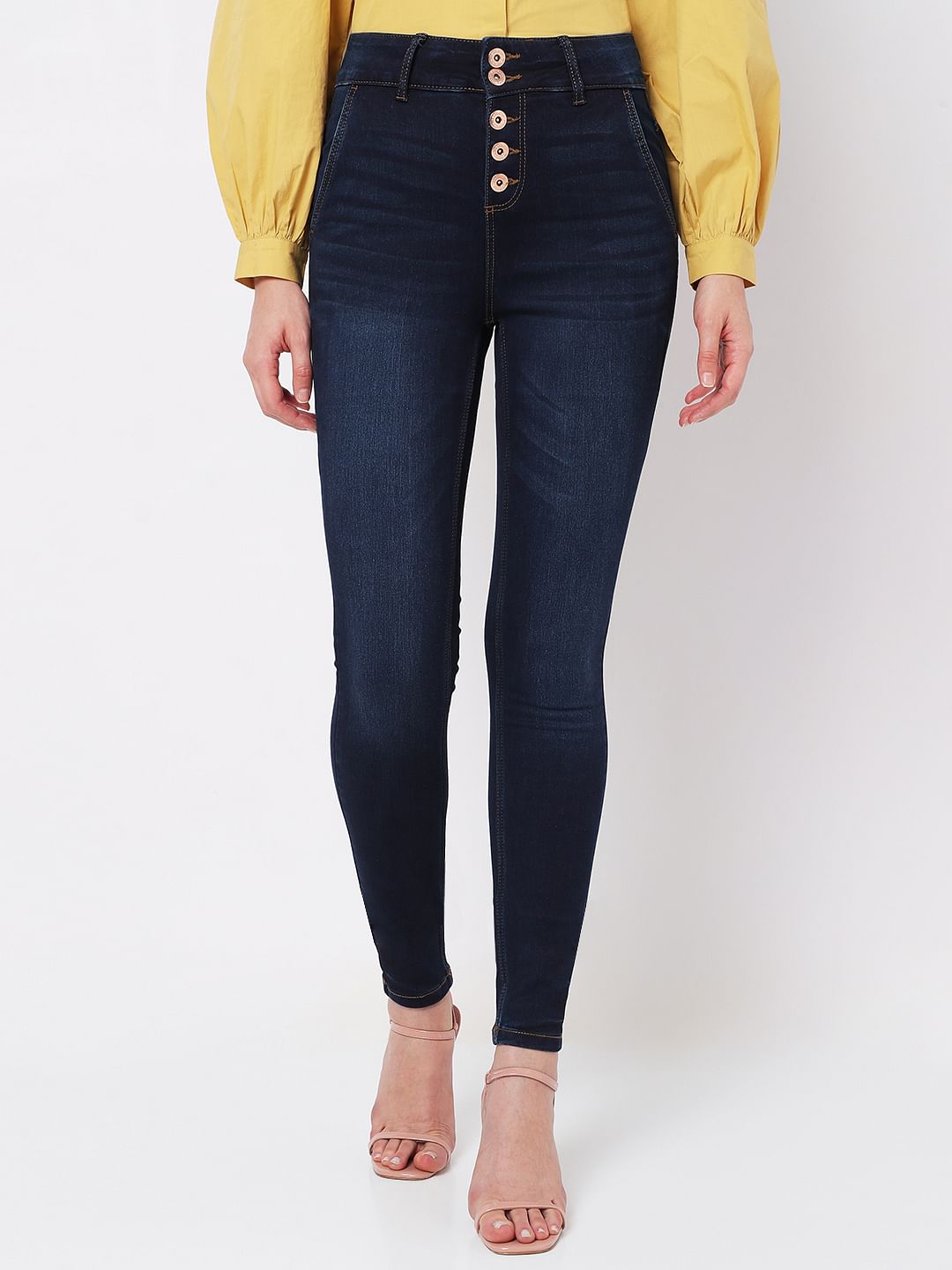 Dark Blue High Rise Buttoned Wendy Skinny Jeans