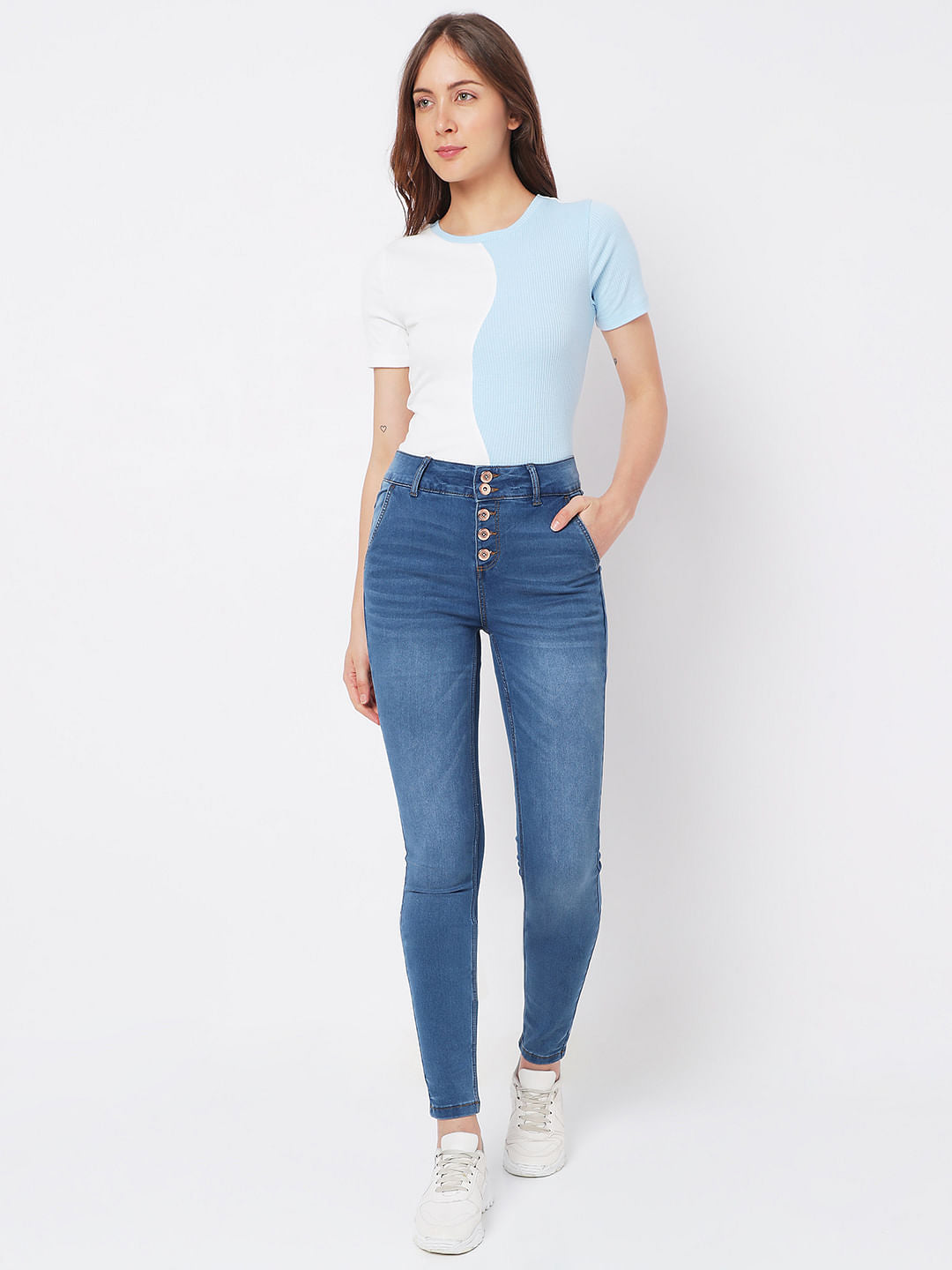 Blue High Rise Buttoned Wendy Skinny Jeans