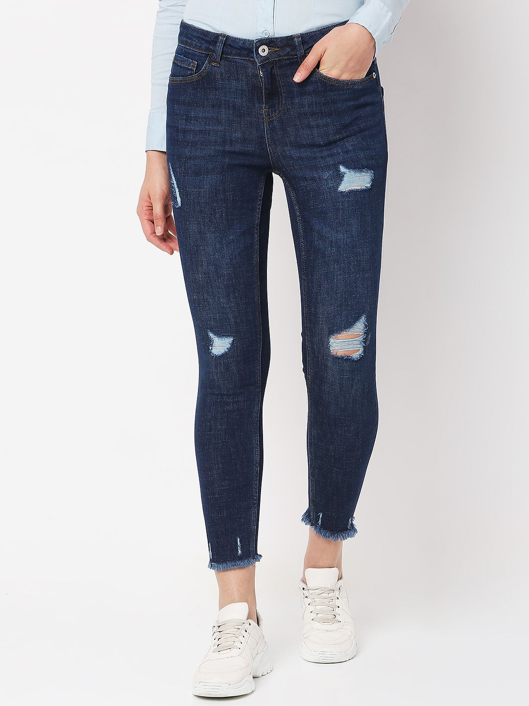 Dark Blue Mid Rise Distressed Wendy Skinny Jeans