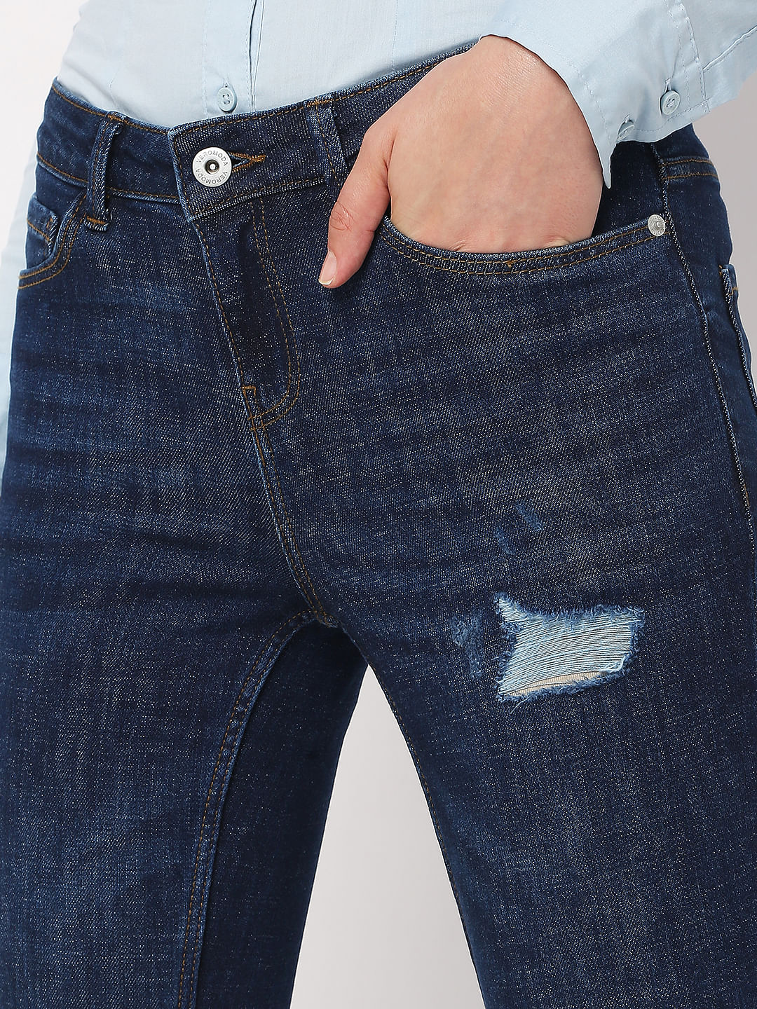 Dark Blue Mid Rise Distressed Wendy Skinny Jeans
