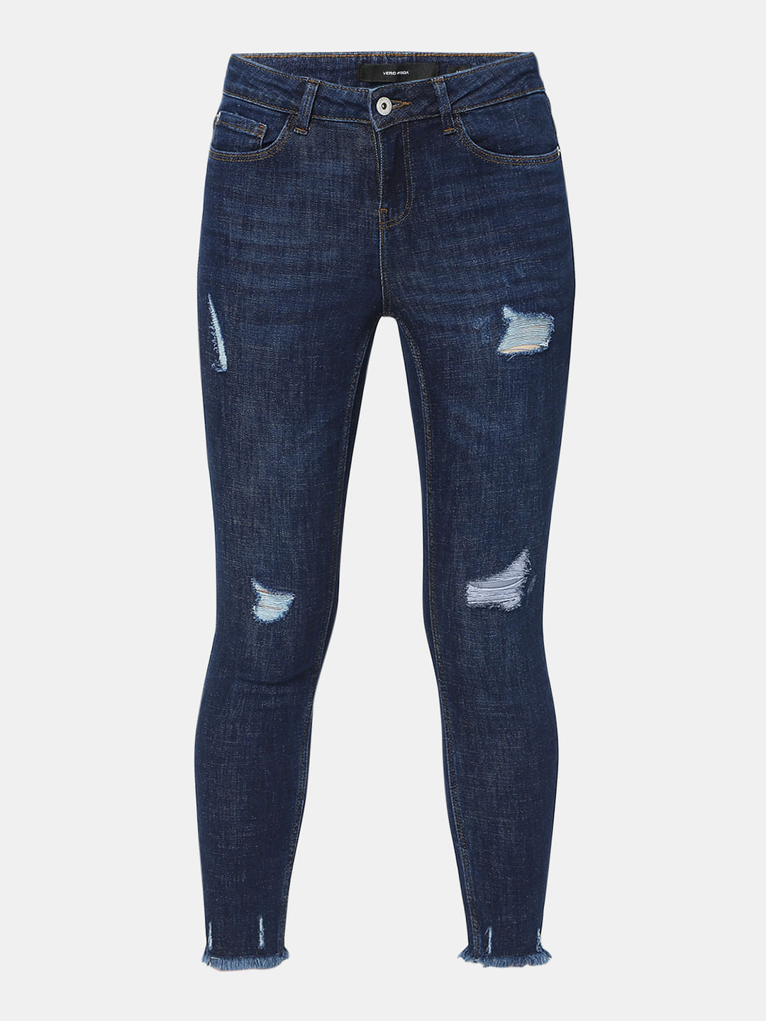 Dark Blue Mid Rise Distressed Wendy Skinny Jeans