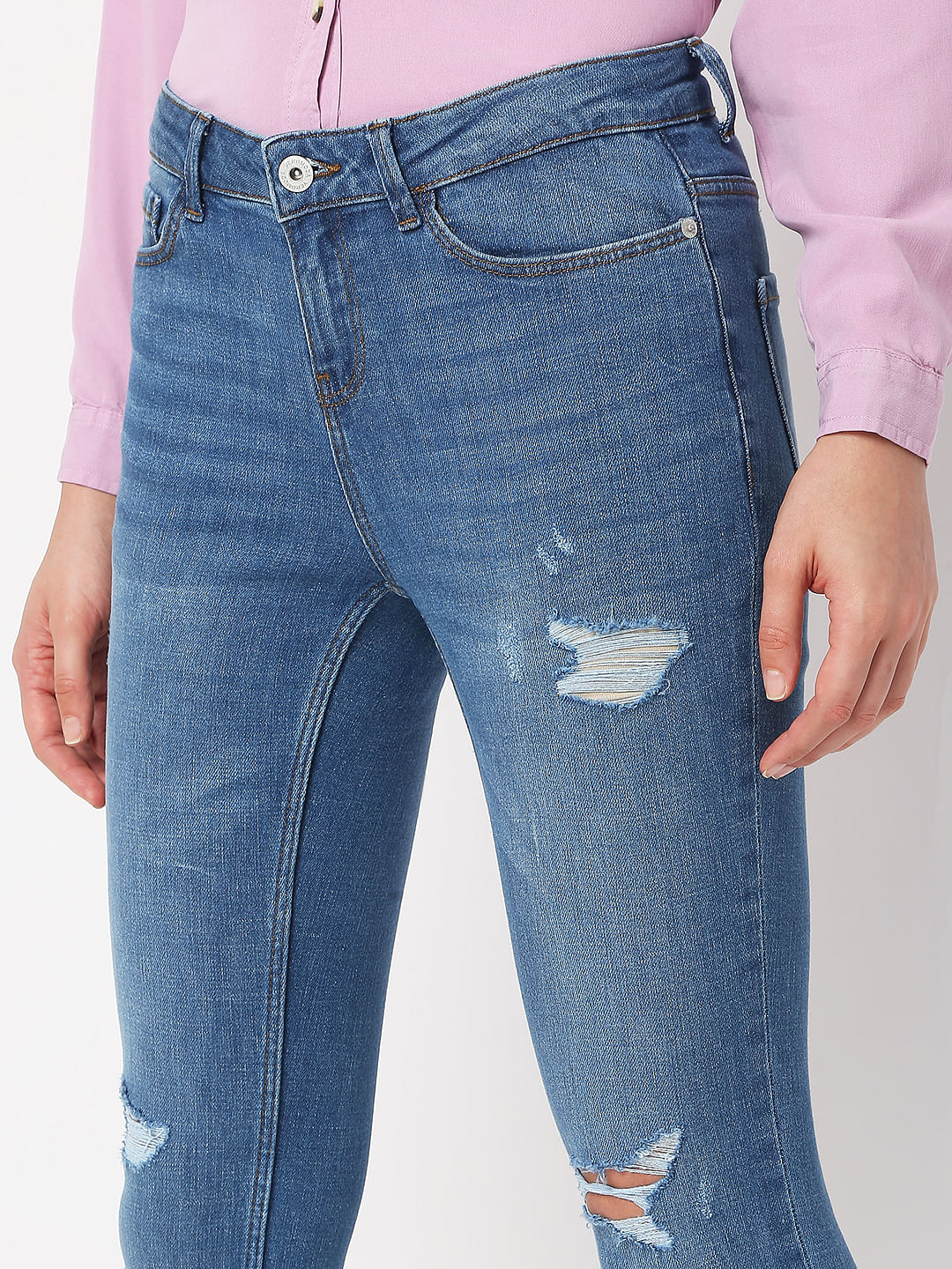 Blue Mid Rise Distressed Wendy Skinny Jeans