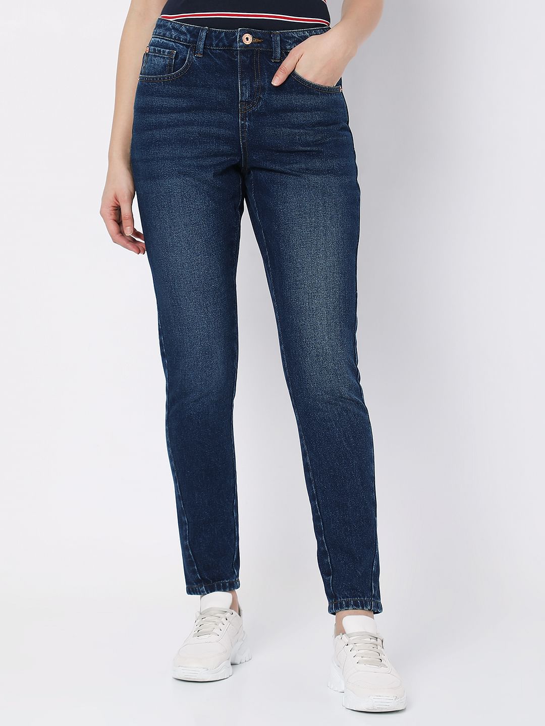 Dark Blue Mid Rise Girlfriend Fit Jeans