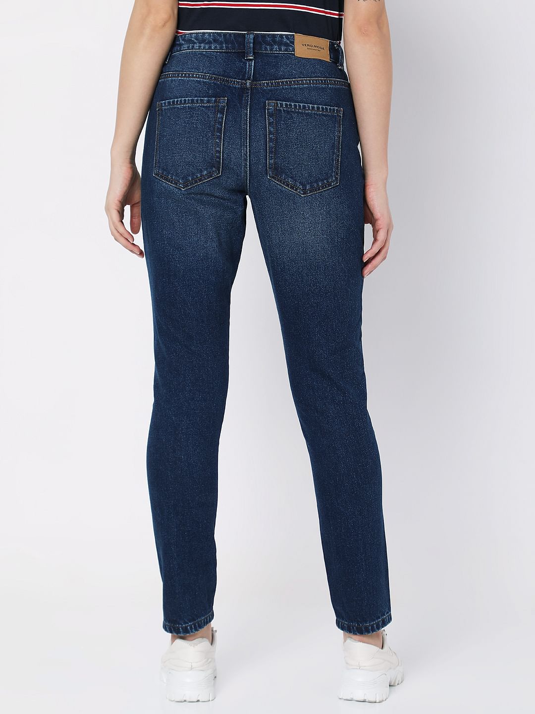 Dark Blue Mid Rise Girlfriend Fit Jeans