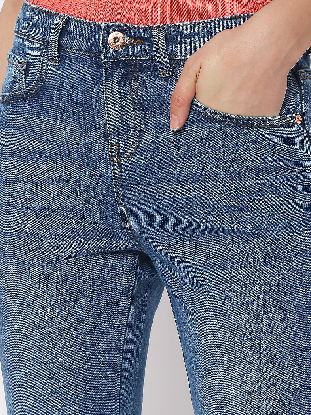 Blue Mid Rise Girlfriend Fit Jeans