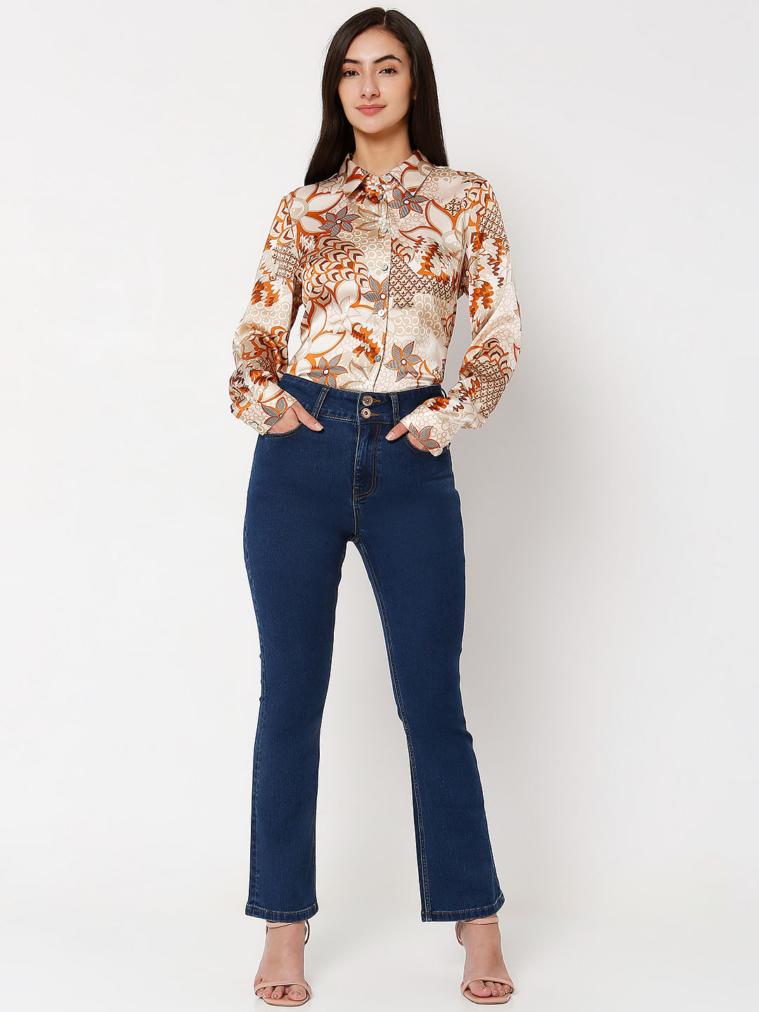 Blue High Rise Twin Button Petra Bootcut Jeans