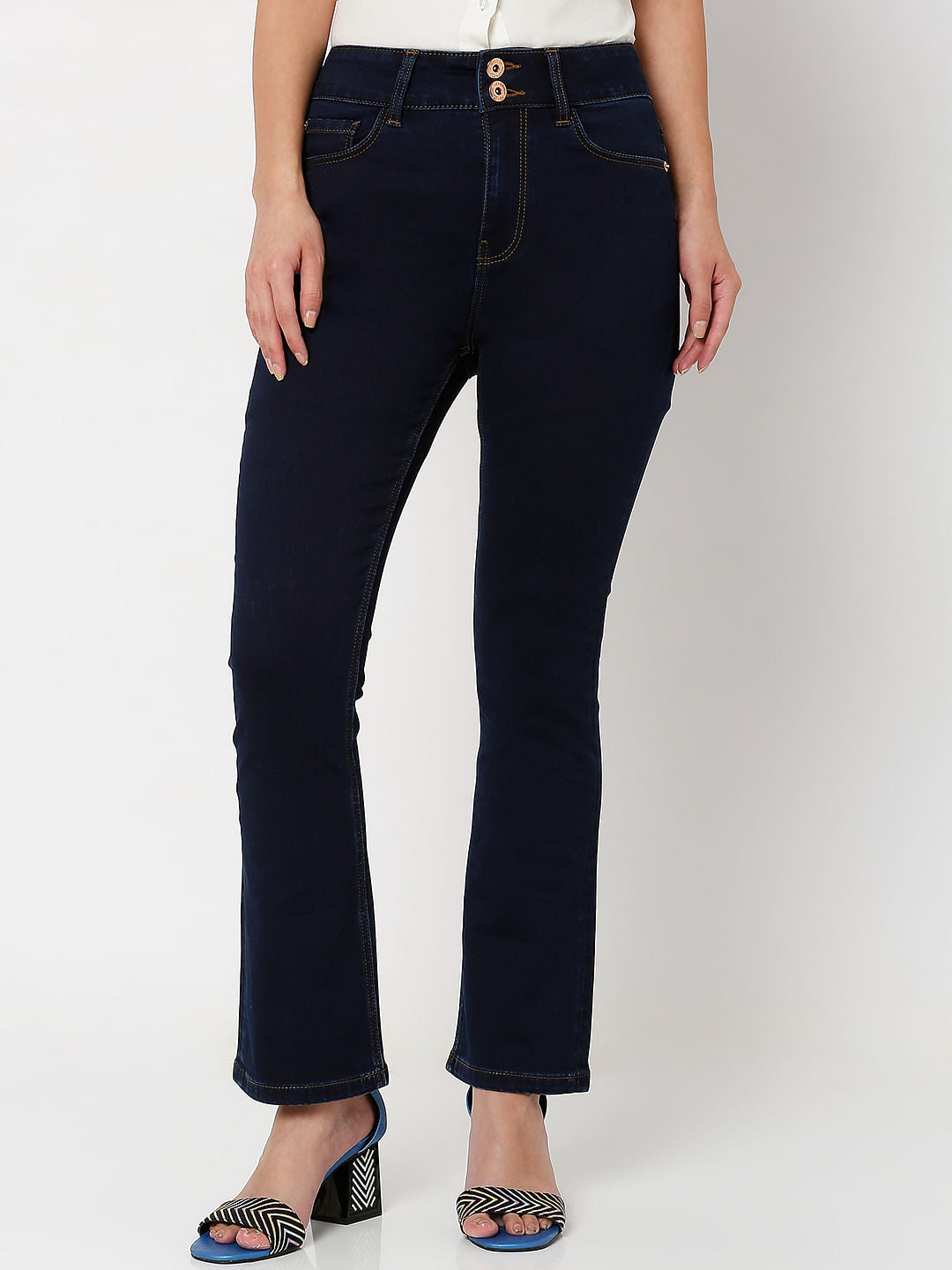 Dark Blue High Rise Twin Button Petra Bootcut Jeans