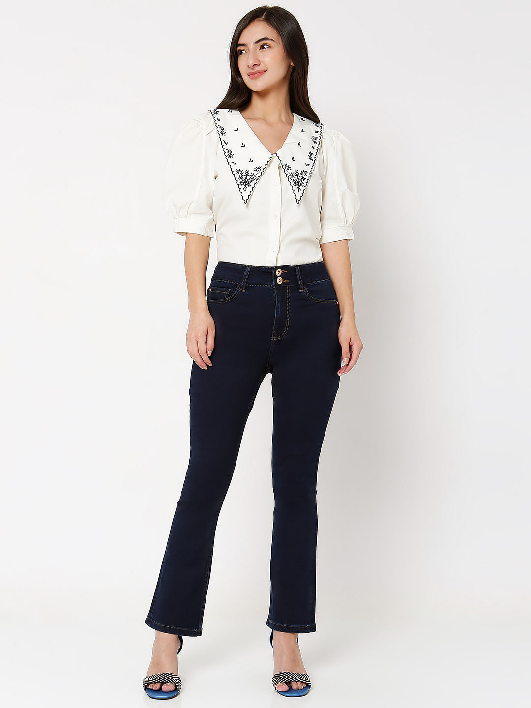 Dark Blue High Rise Twin Button Petra Bootcut Jeans