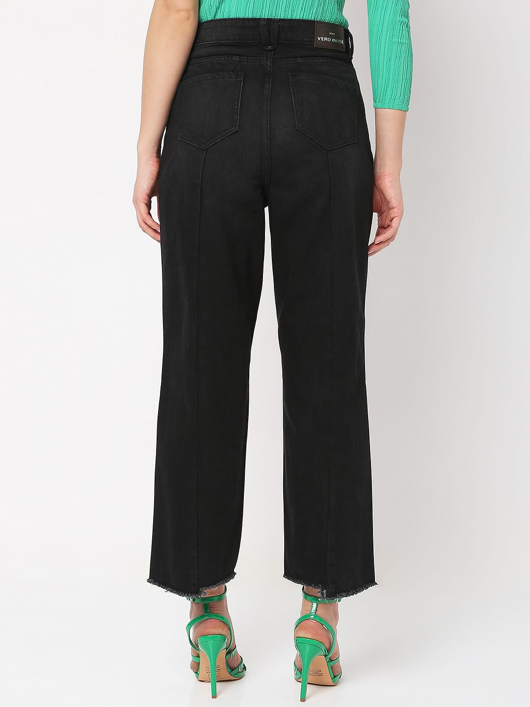 Black High Rise Frayed Jade Straight Fit Jeans