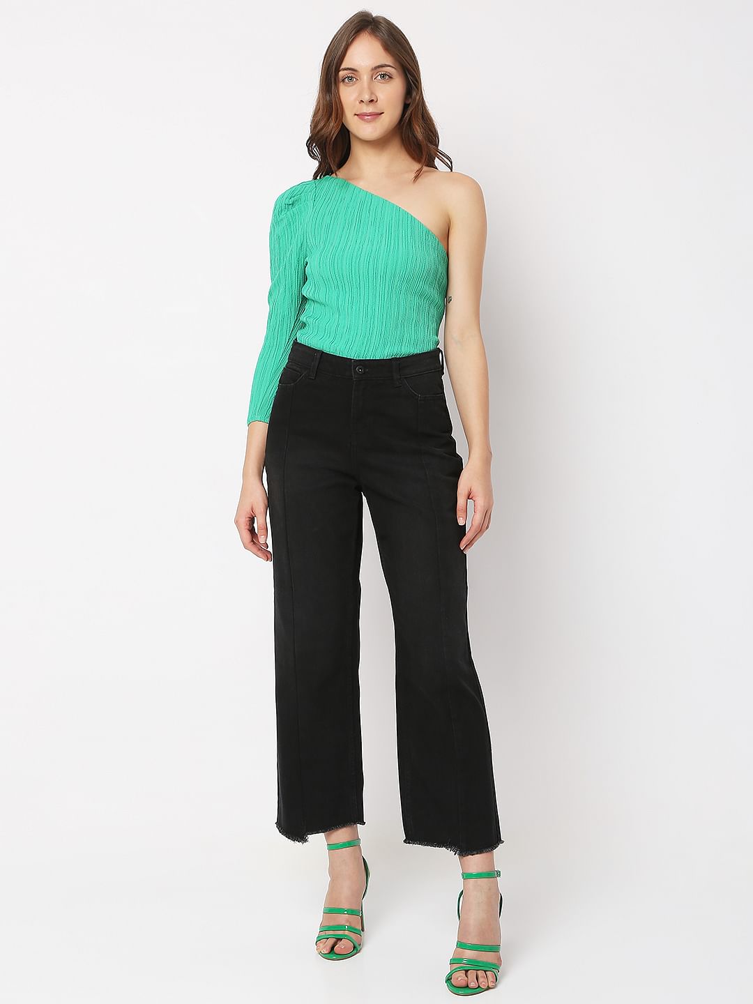 Black High Rise Frayed Jade Straight Fit Jeans