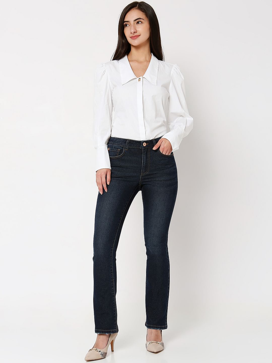 Dark Blue Mid Rise Bootcut Jeans