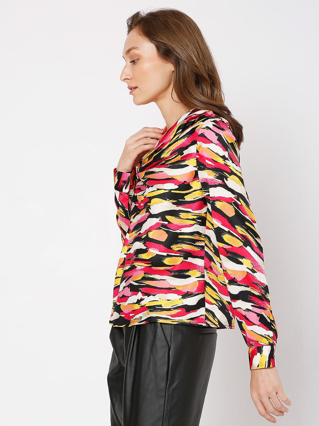 Red Abstract Print Cowl Neck Top