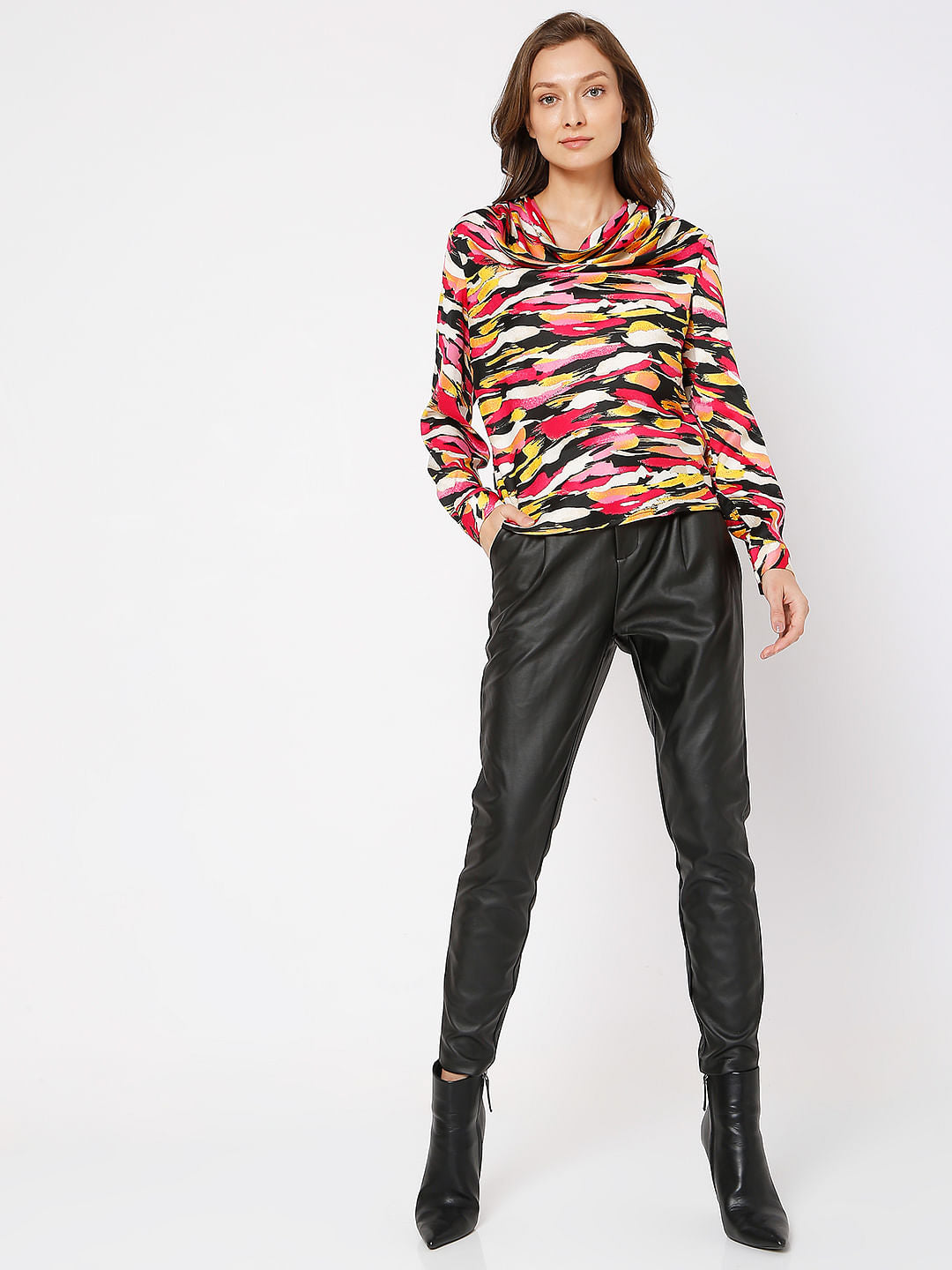 Red Abstract Print Cowl Neck Top