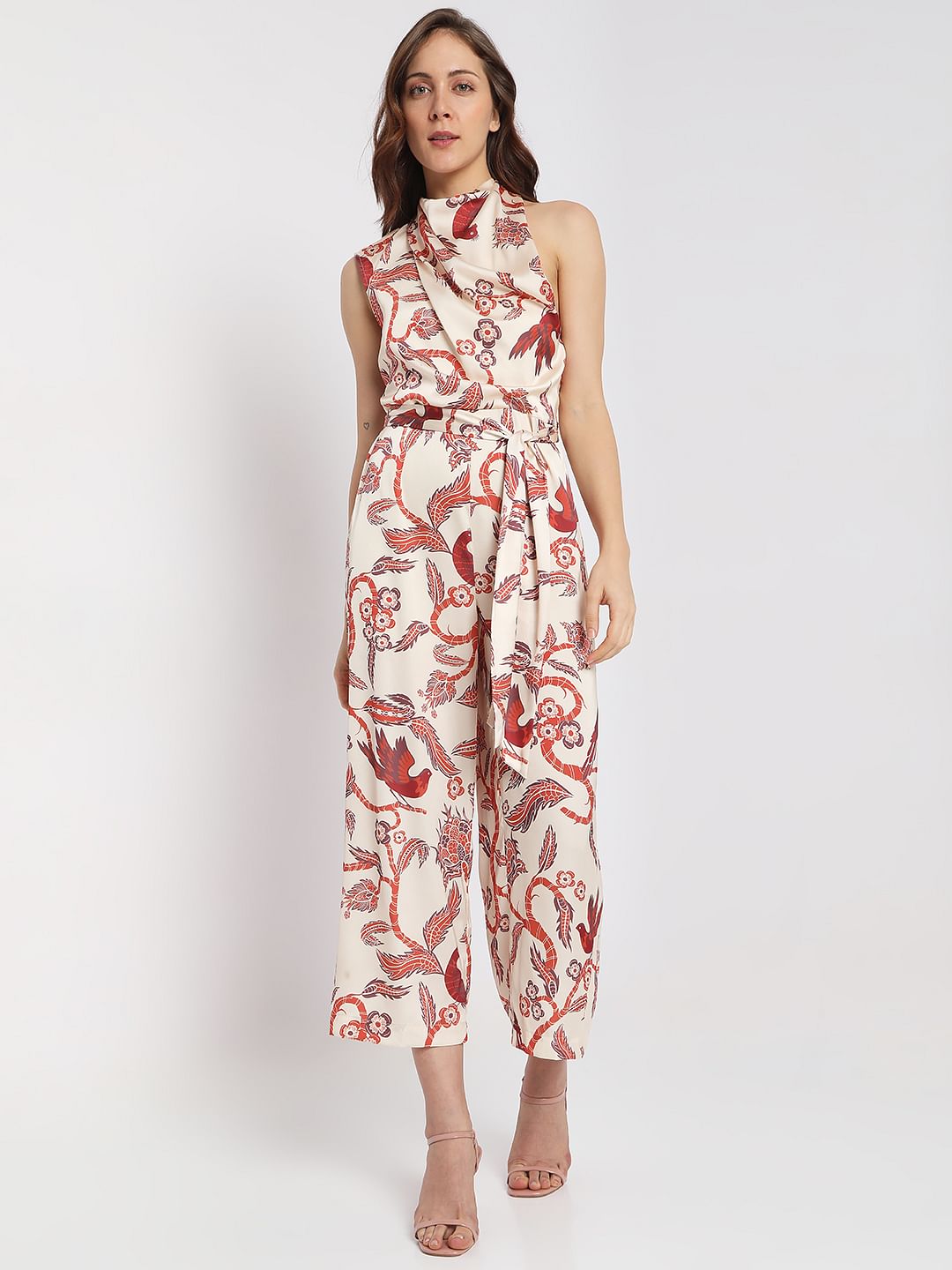 Beige Printed Halter Neck Jumpsuit