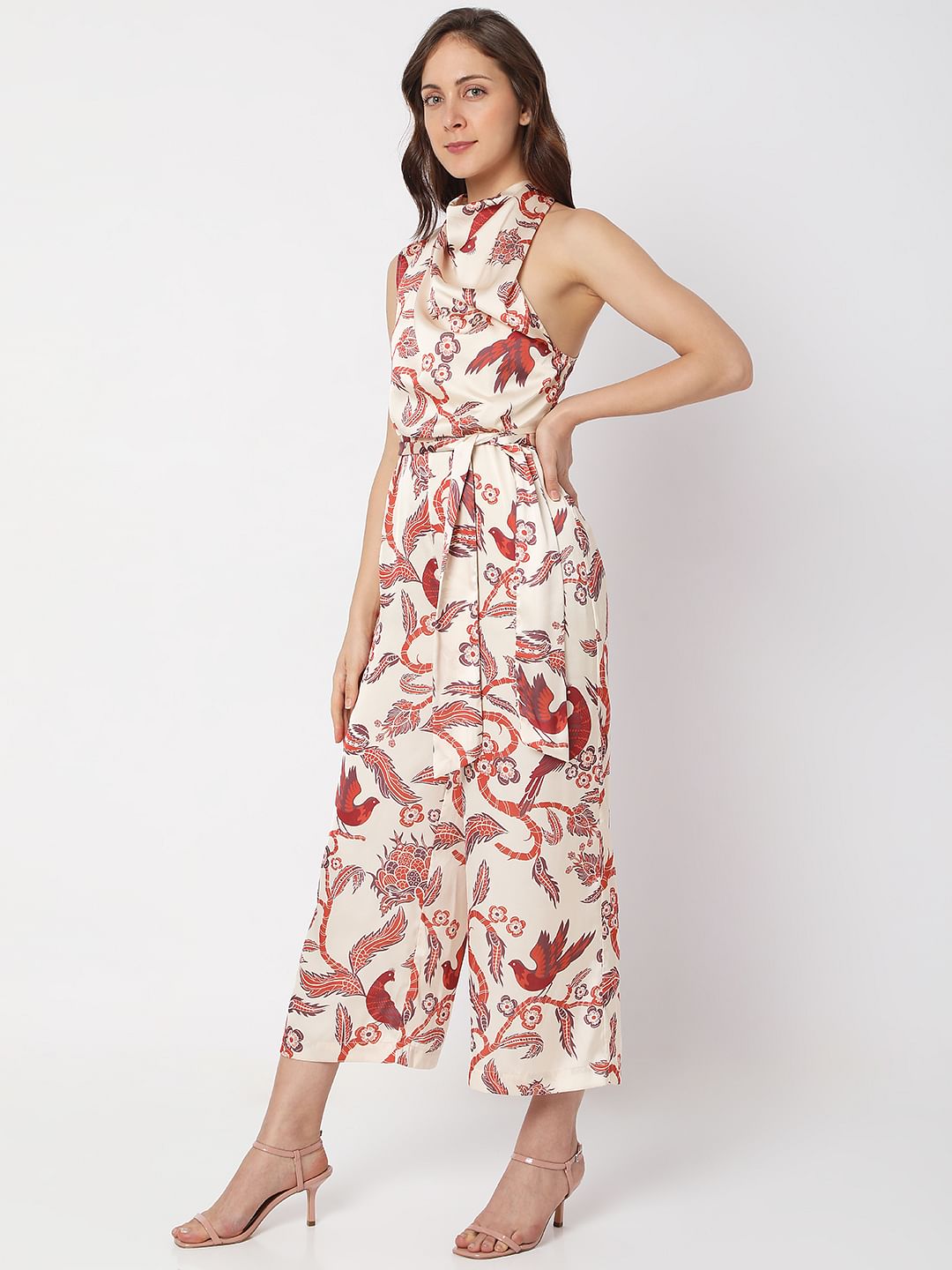 Beige Printed Halter Neck Jumpsuit