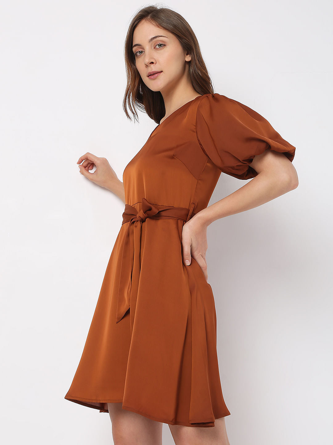 Brown Puff Sleeves Dress
