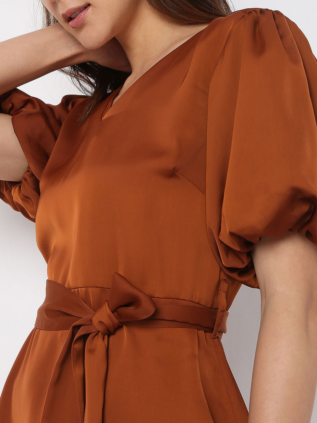 Brown Puff Sleeves Dress