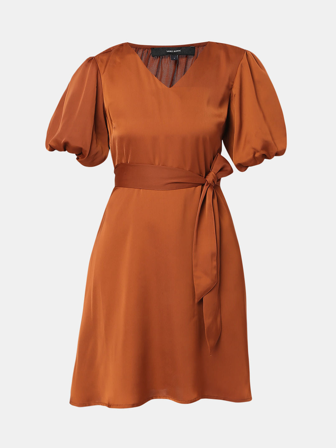 Brown Puff Sleeves Dress