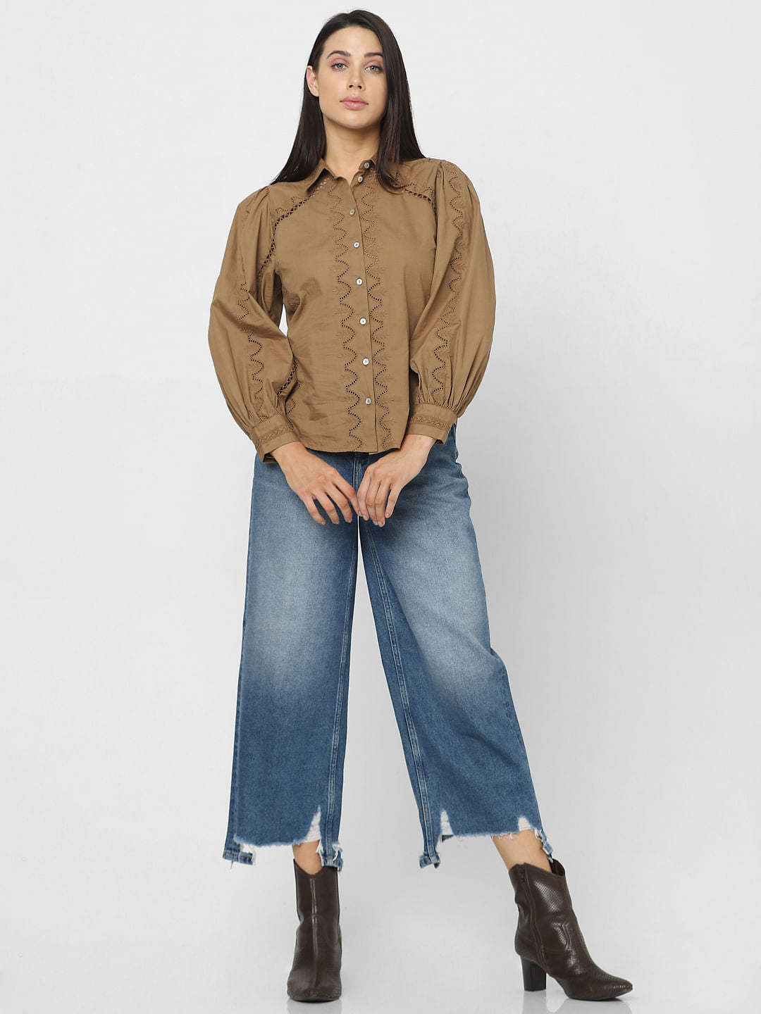 Brown Schiffli Cotton Shirt