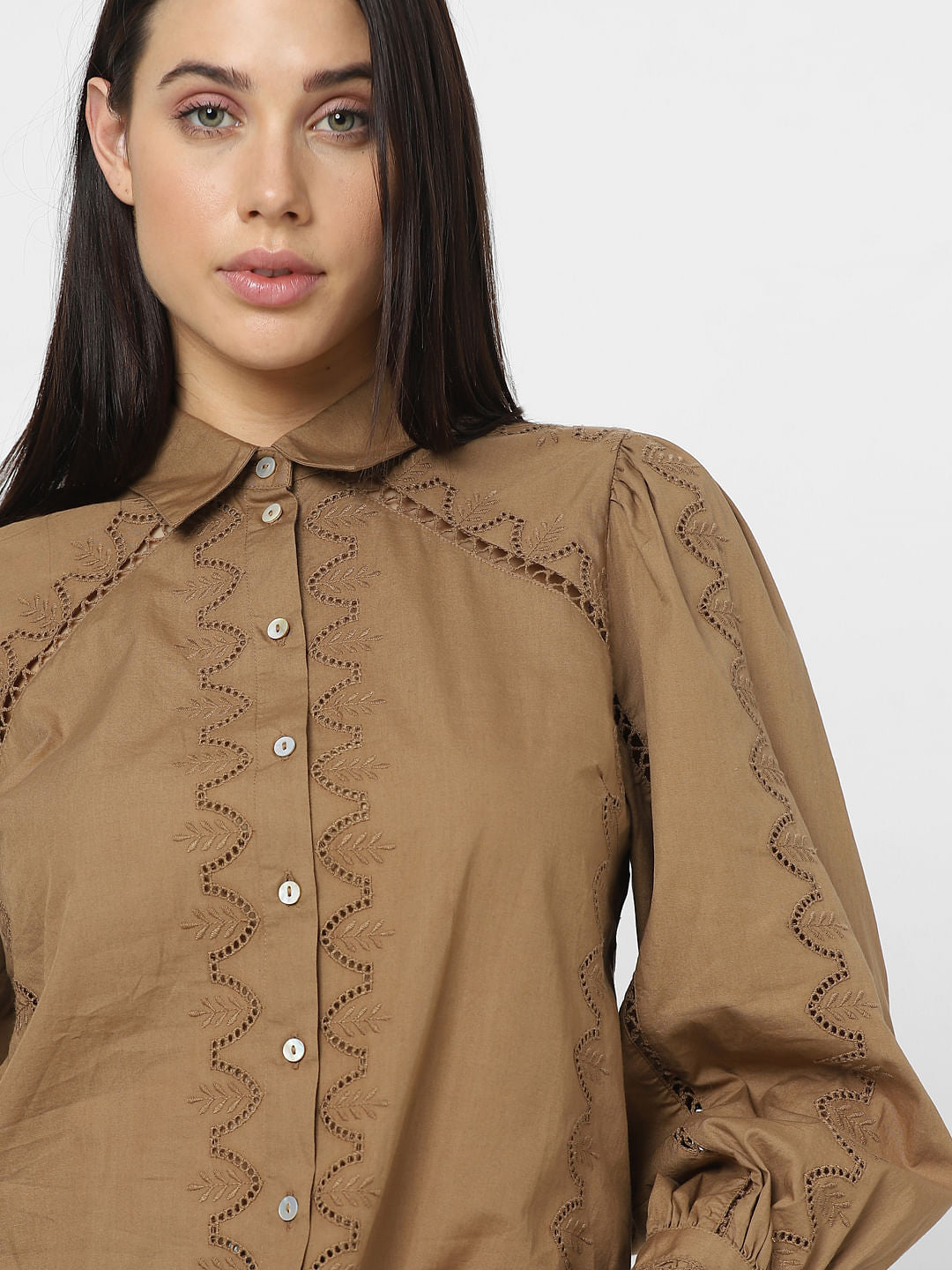 Brown Schiffli Cotton Shirt