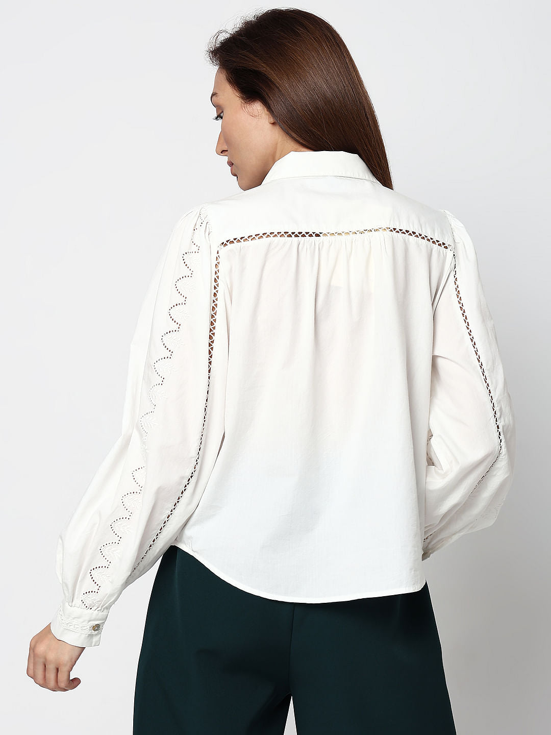 White Schiffli Detail Cotton Shirt