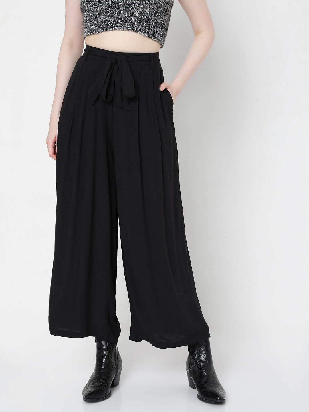 Black High Rise Tie Up Palazzo Pants