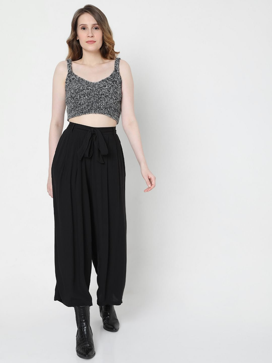 Black High Rise Tie Up Palazzo Pants