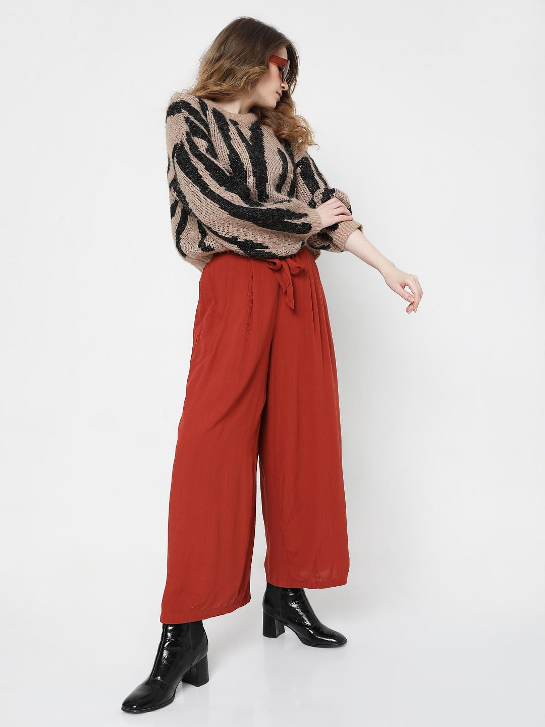 Brick Red High Rise Tie Up Palazzo Pants - XS