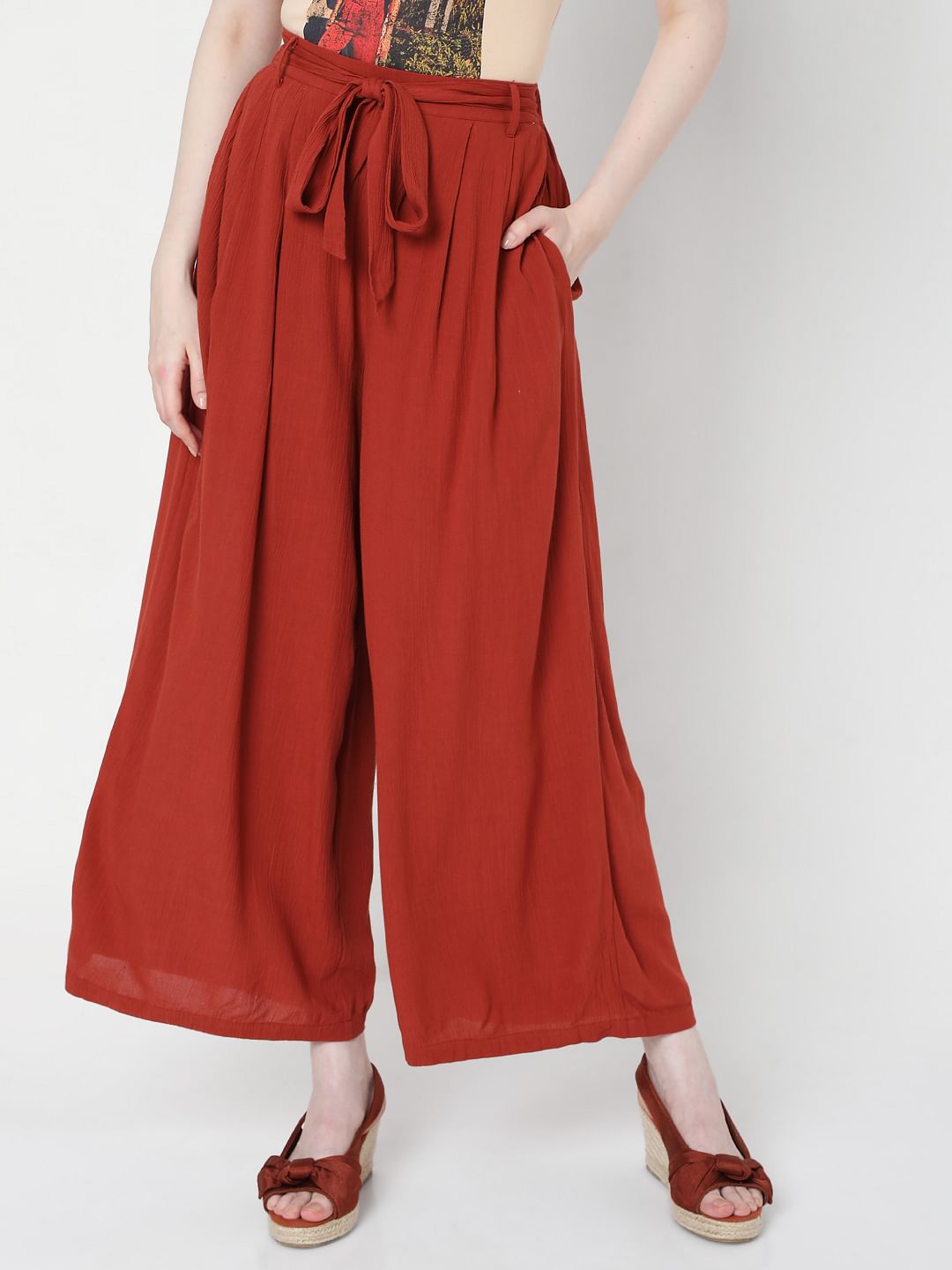 Brick Red High Rise Tie Up Palazzo Pants