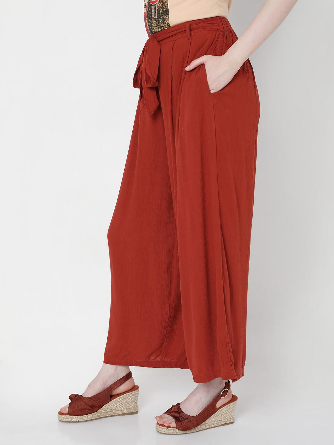 Brick Red High Rise Tie Up Palazzo Pants