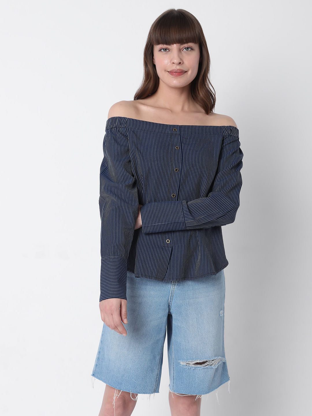 Blue Off Shoulder Striped Top