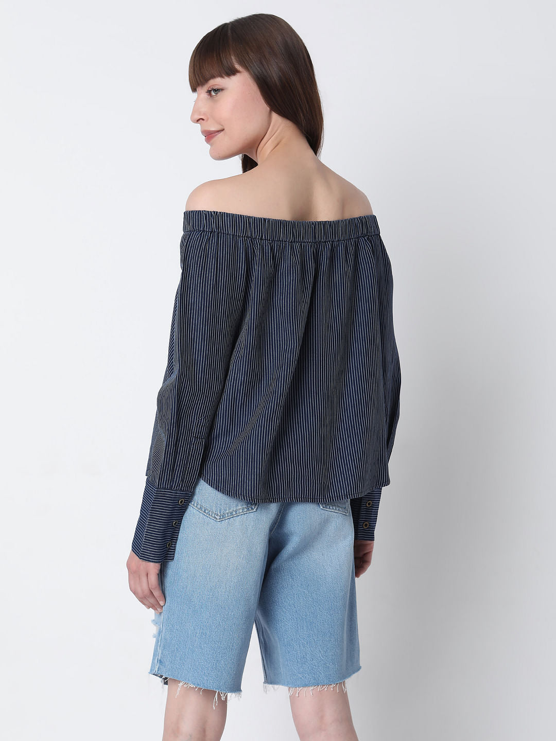 Blue Off Shoulder Striped Top